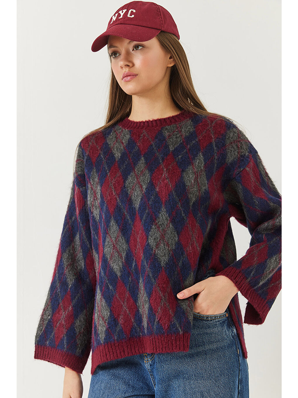 Kırmızı Kadın Şardonlu Baklavalı Yırtmaçlı Triko Kazak-2