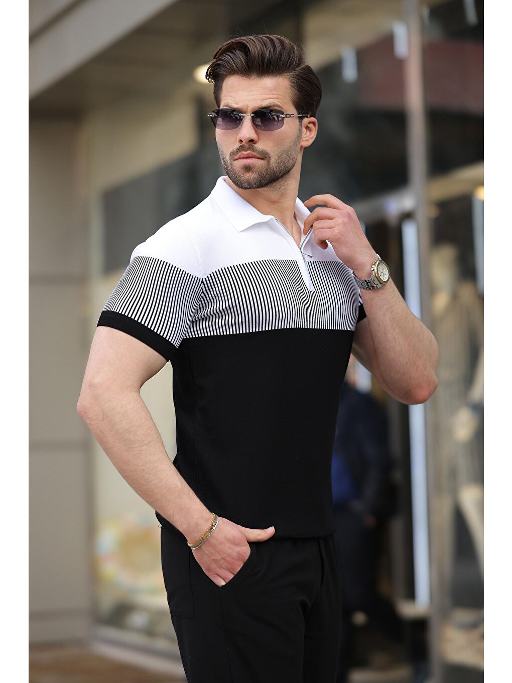 Siyah Renk Bloklu Polo Yaka Triko Erkek T-Shirt E7409-1