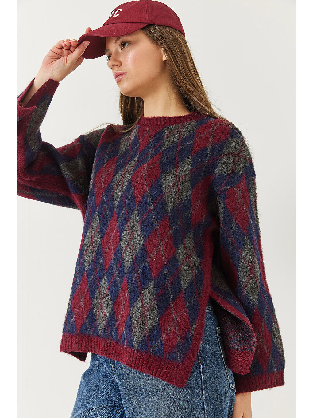 Kırmızı Kadın Şardonlu Baklavalı Yırtmaçlı Triko Kazak-3