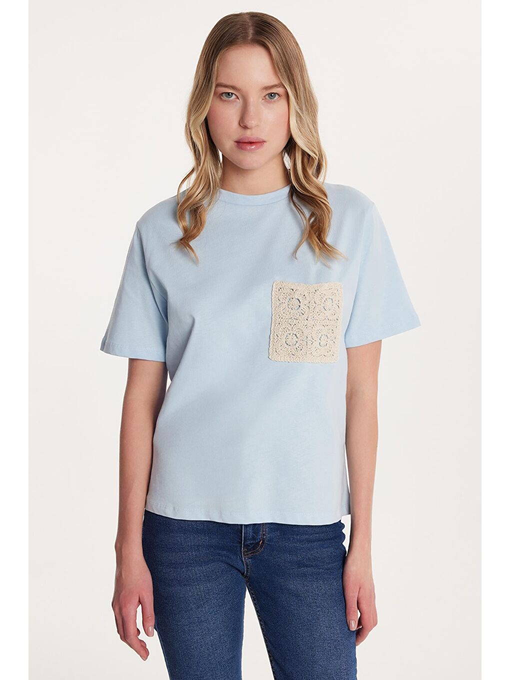 Kadın Relax Fit Rahat Kesim %100 Pamuk Baskılı Bisiklet Yaka Açık Mavi Tişört-3