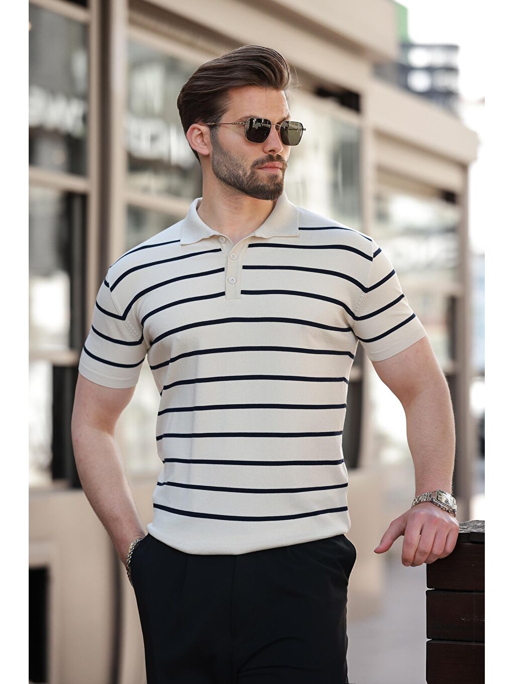 Bej Çizgili Polo Yaka Erkek T-Shirt E7405-1