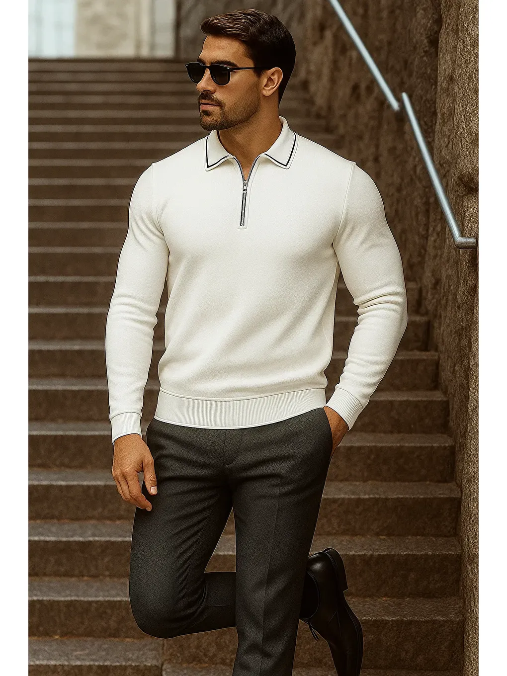 Erkek Trend Fermuarlı Uzun Kollu Beyaz Polo Yaka Kazak-2