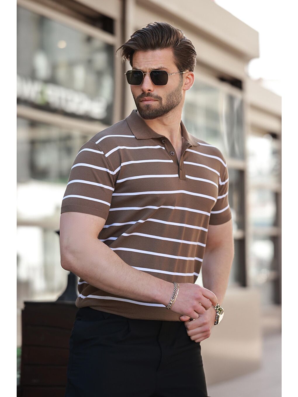 Bej Vizon Çizgili Polo Yaka Erkek T-Shirt E7405