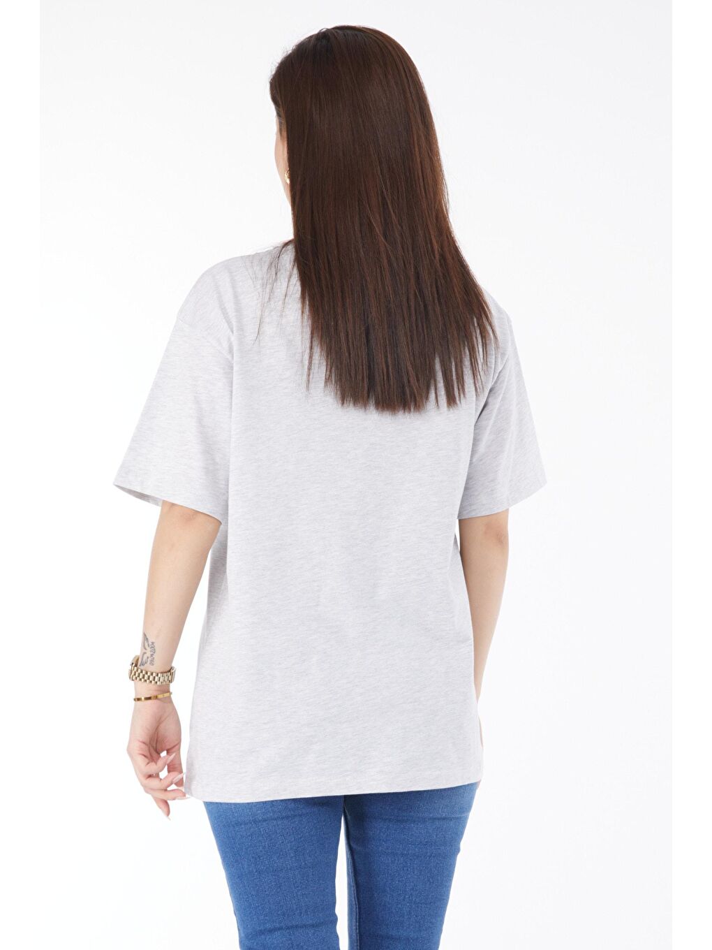 Bisiklet Yaka Kadın Gri Kısa Kollu Baskılı Tişört - 24644-4