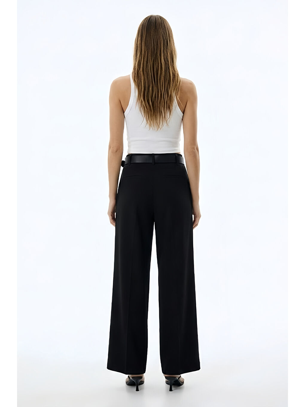 Yüksek Bel Kemerli Pileli Pantolon Siyah-2