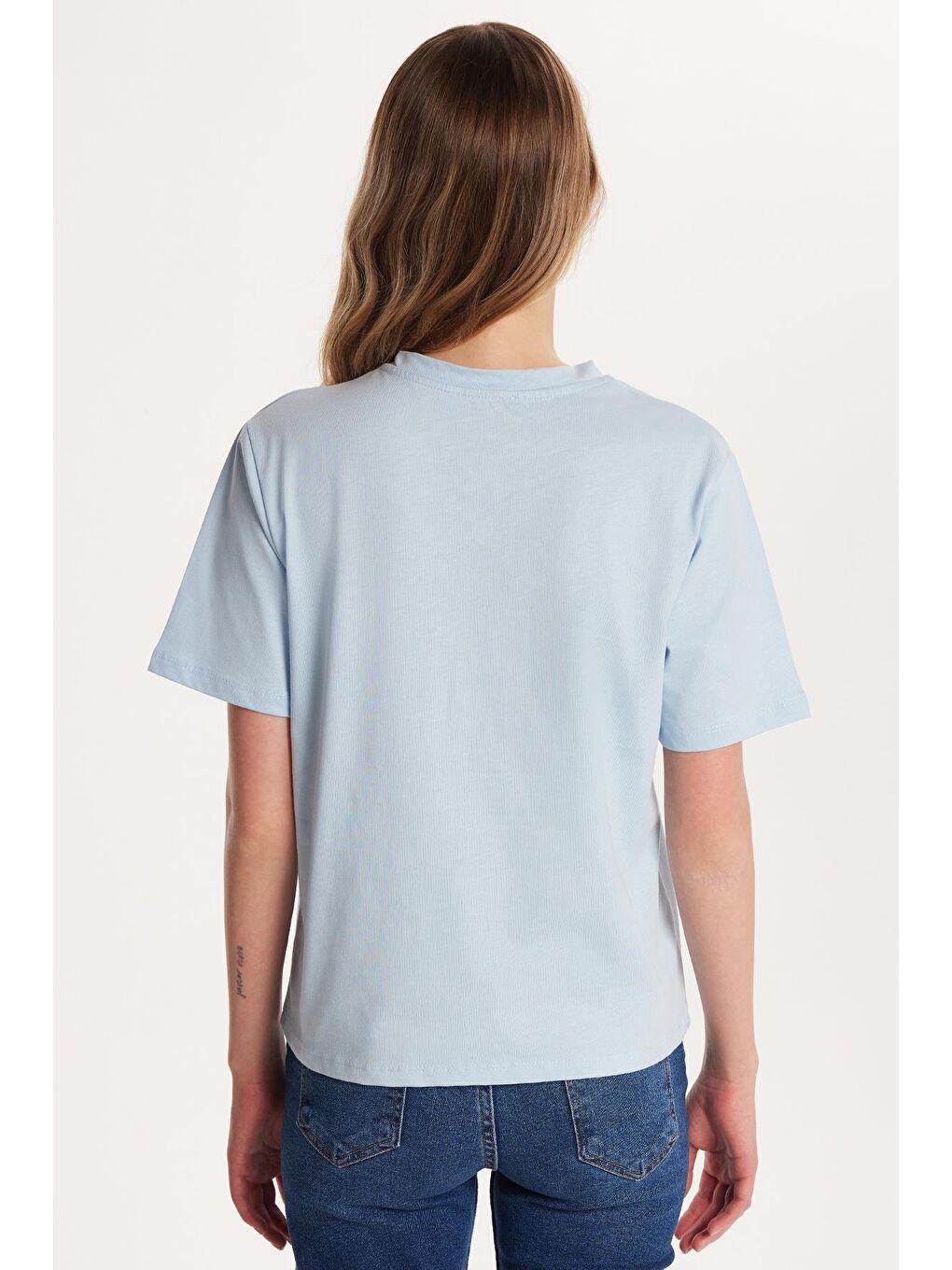 Kadın Relax Fit Rahat Kesim %100 Pamuk Baskılı Bisiklet Yaka Açık Mavi Tişört-4
