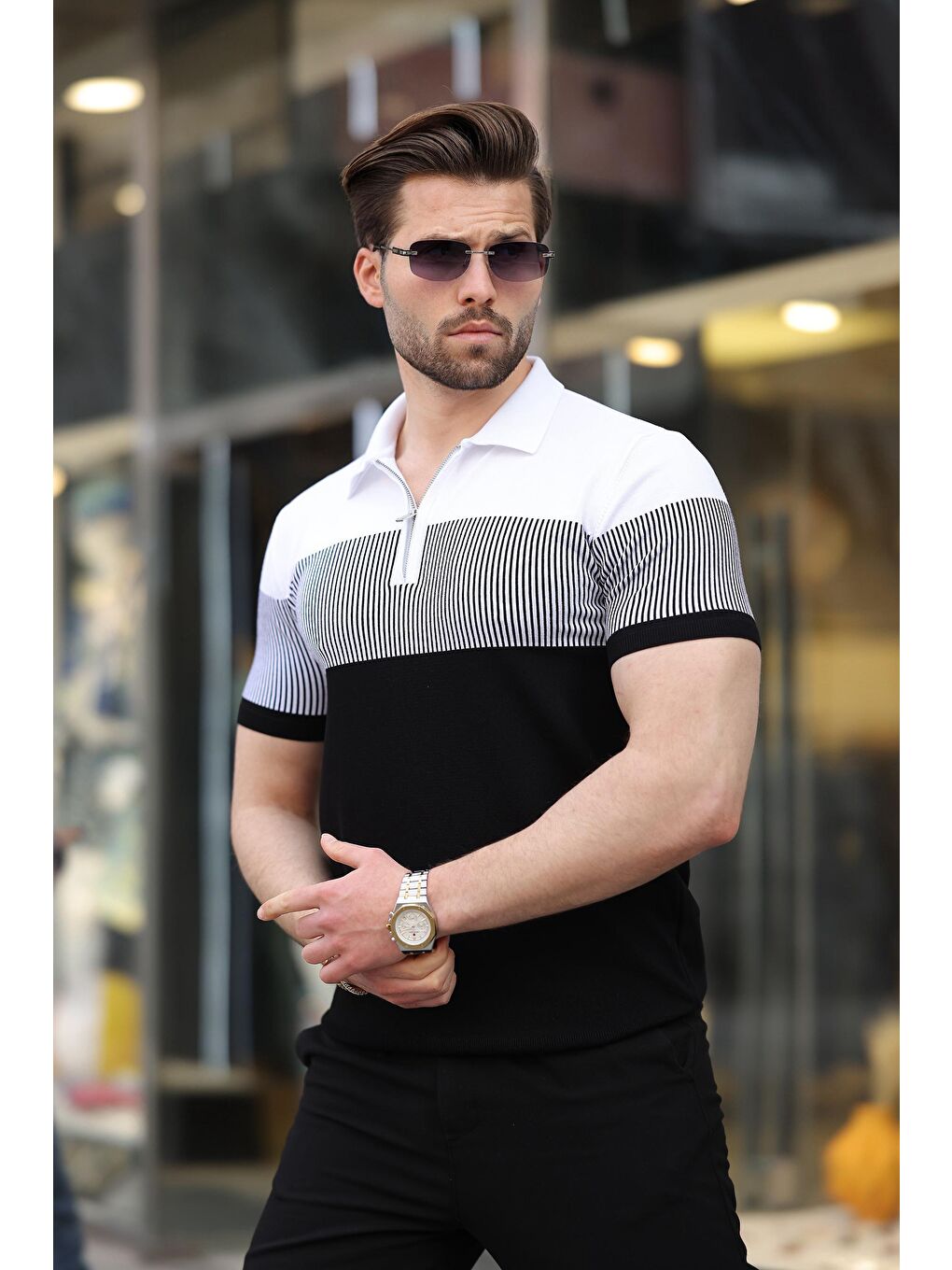 Siyah Renk Bloklu Polo Yaka Triko Erkek T-Shirt E7409-2