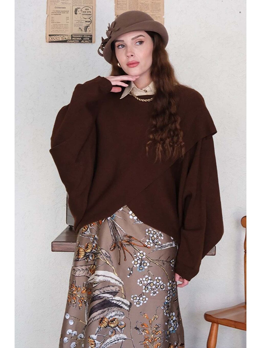 Kahverengi Acı Kahve Triko Kimono Crop-1