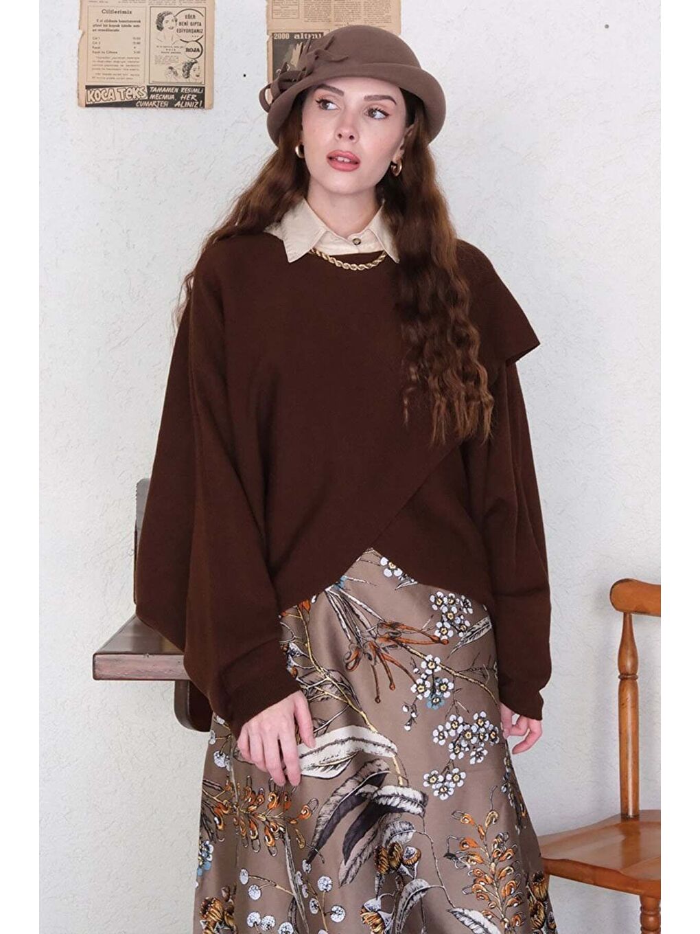 Kahverengi Acı Kahve Triko Kimono Crop-3