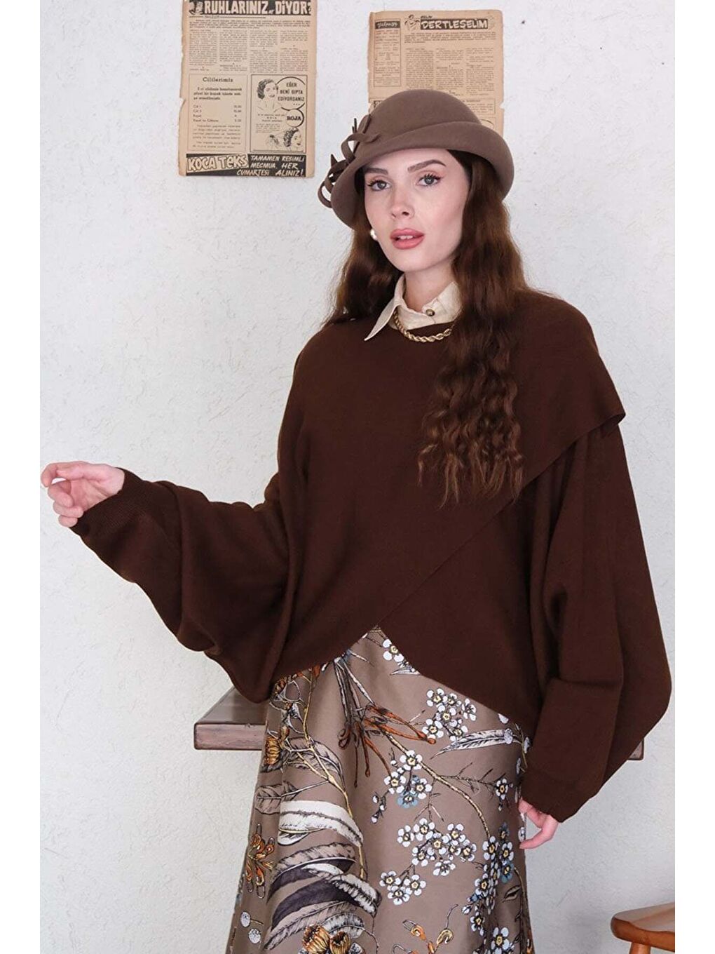 Kahverengi Acı Kahve Triko Kimono Crop-4