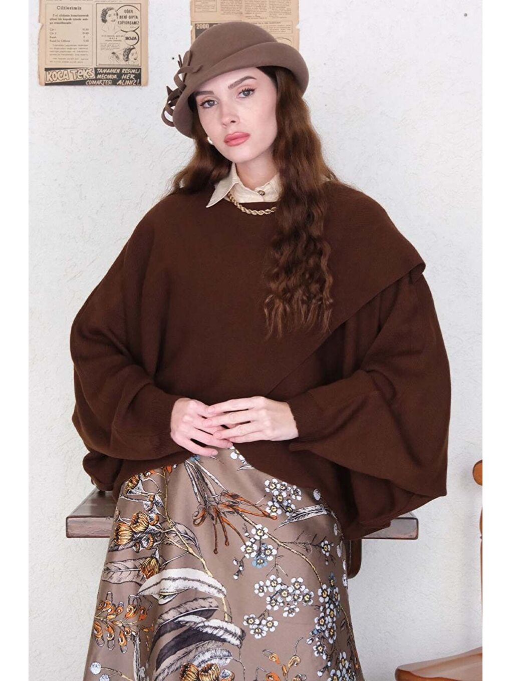 Kahverengi Acı Kahve Triko Kimono Crop-5