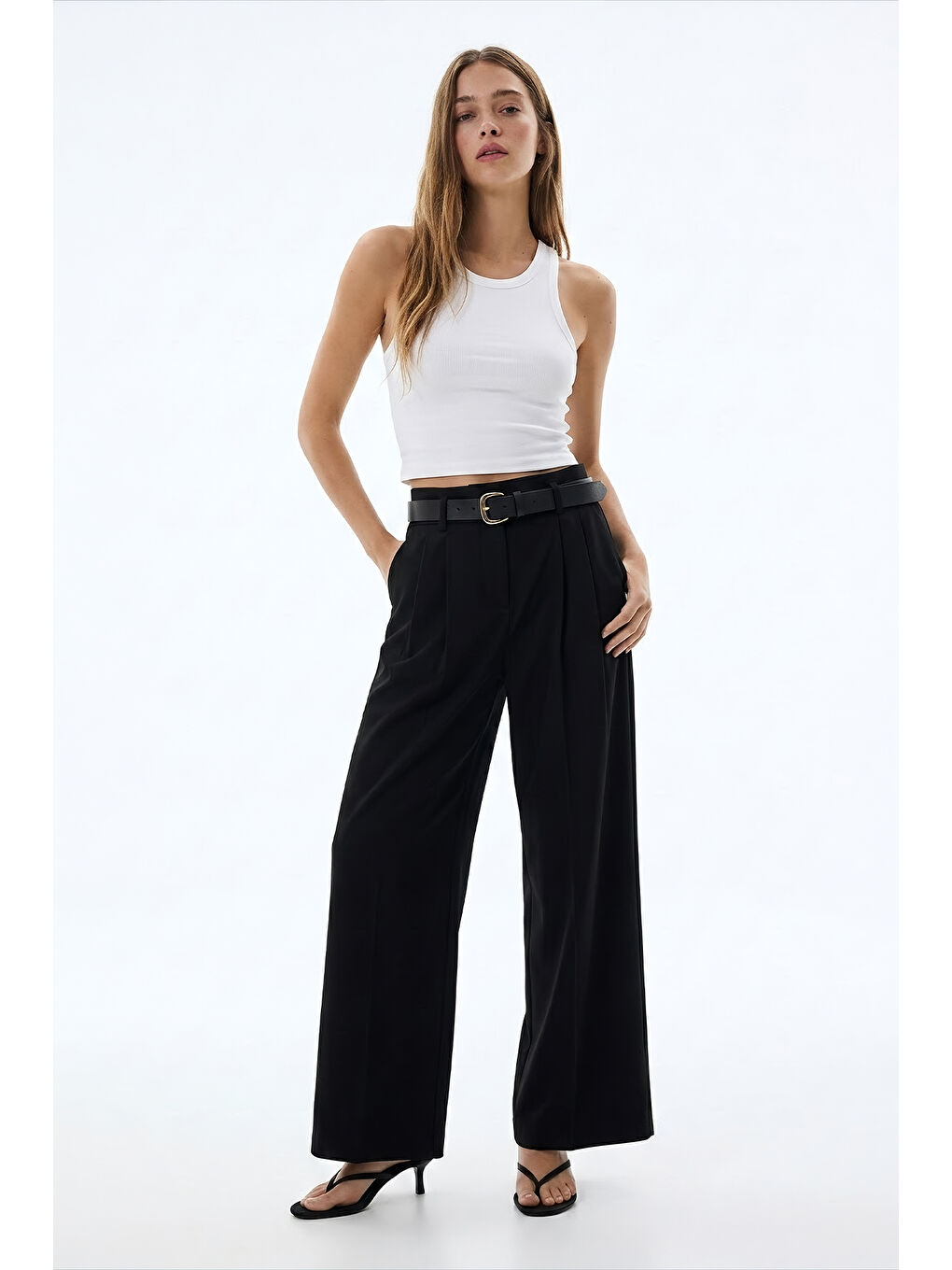Yüksek Bel Kemerli Pileli Pantolon Siyah