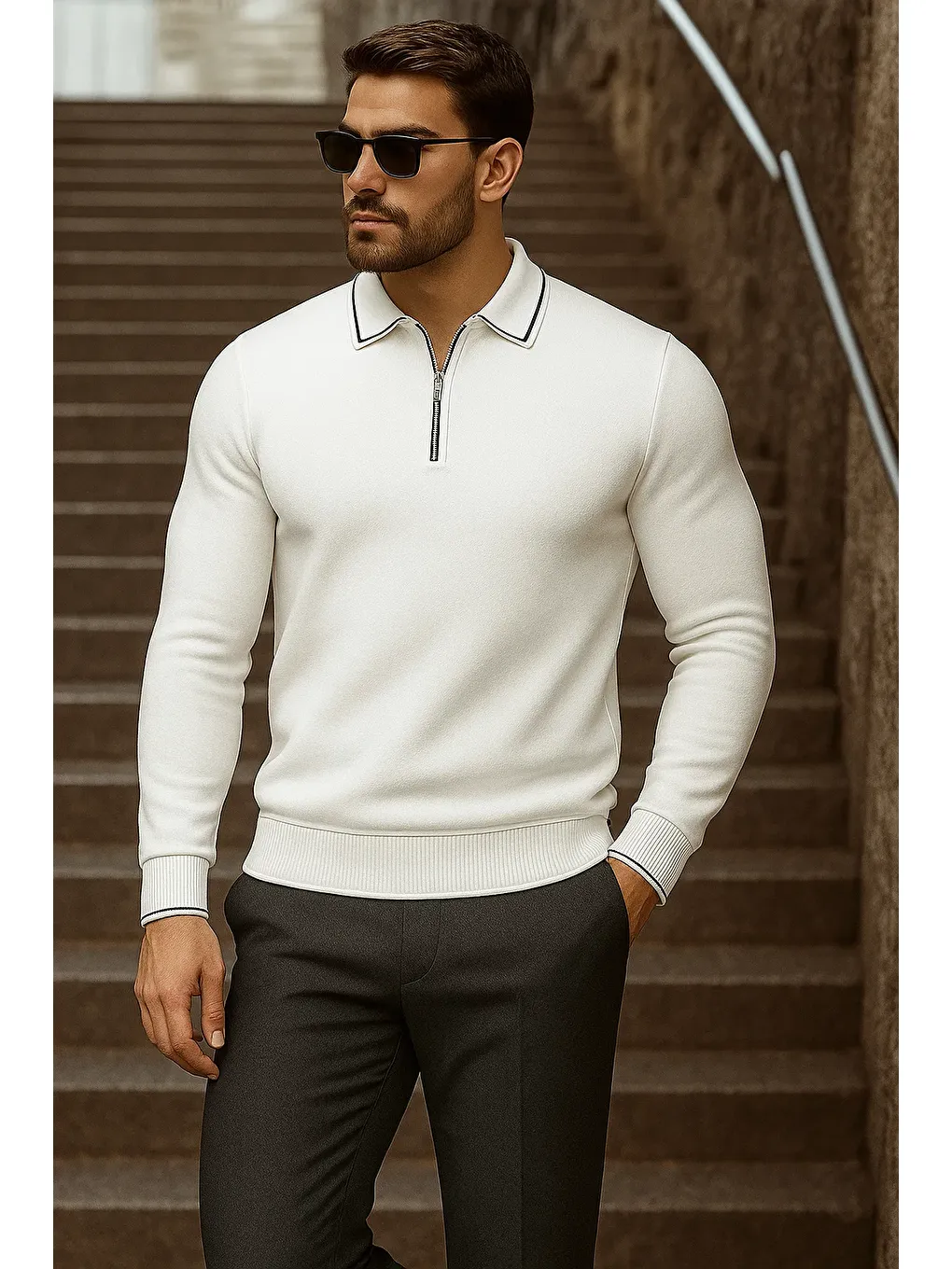 Erkek Trend Fermuarlı Uzun Kollu Beyaz Polo Yaka Kazak-3