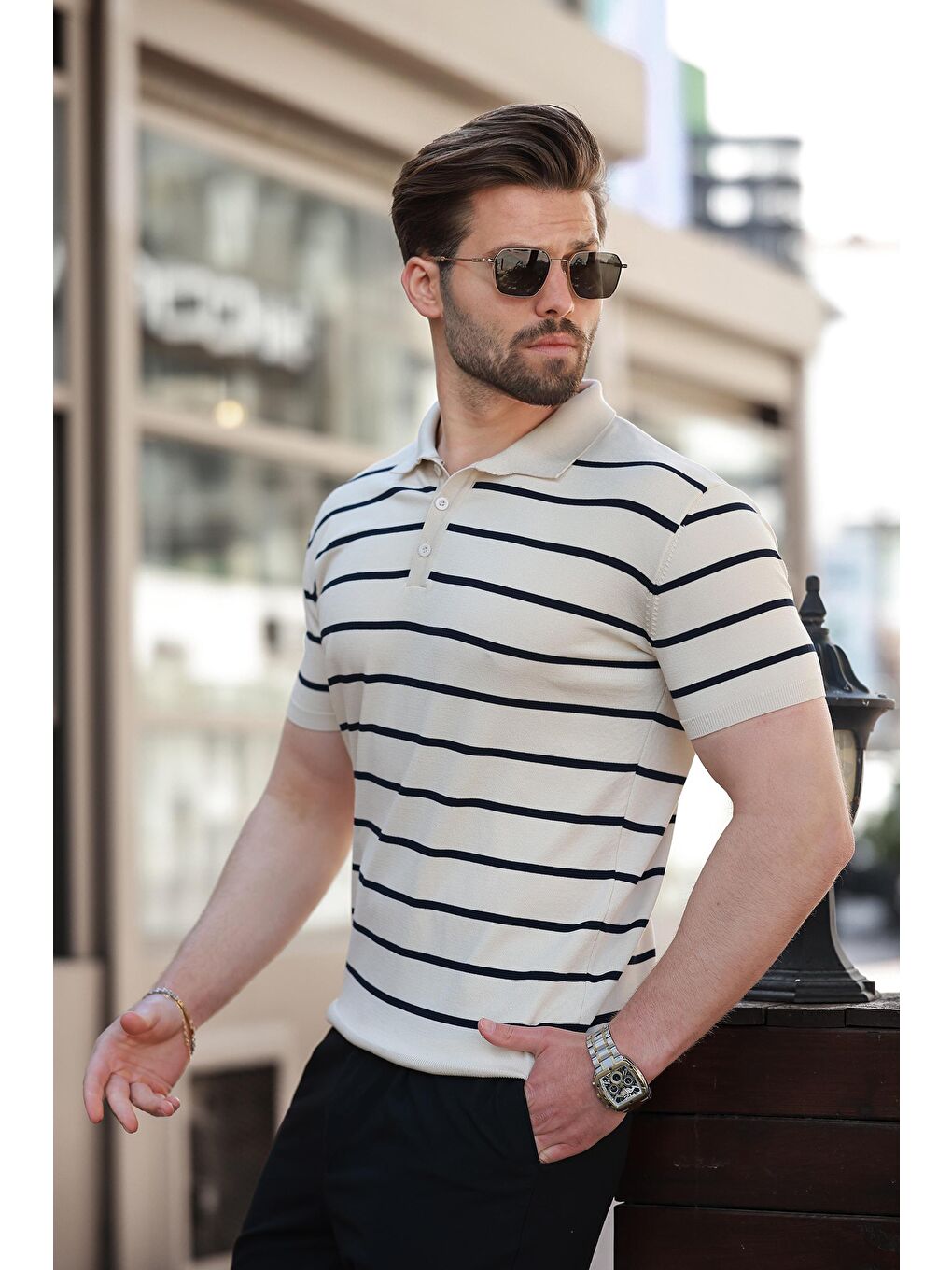 Bej Çizgili Polo Yaka Erkek T-Shirt E7405-2