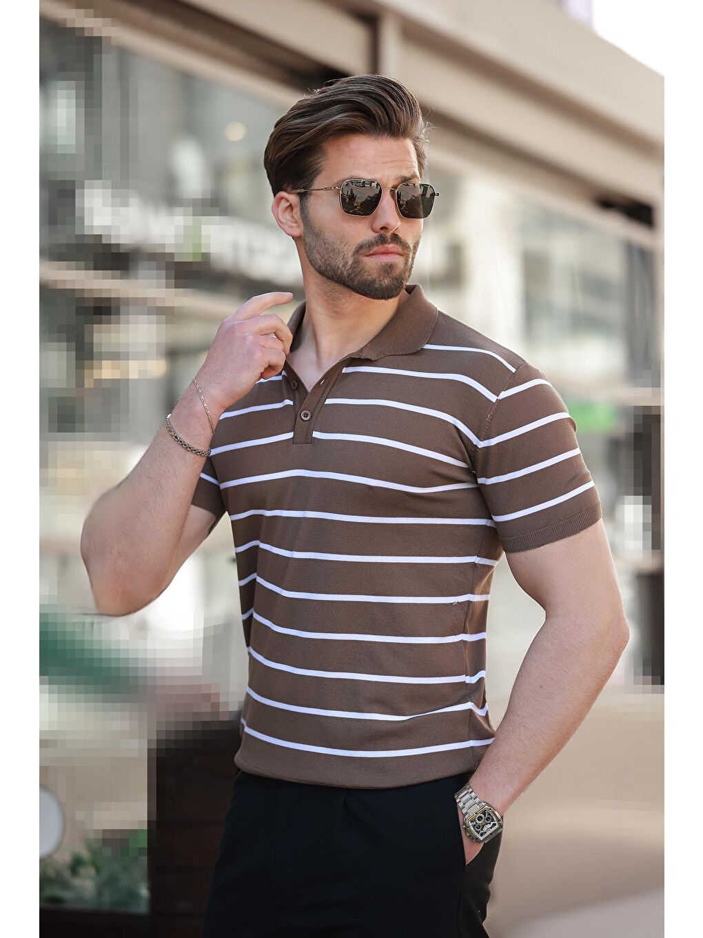 Bej Vizon Çizgili Polo Yaka Erkek T-Shirt E7405-1