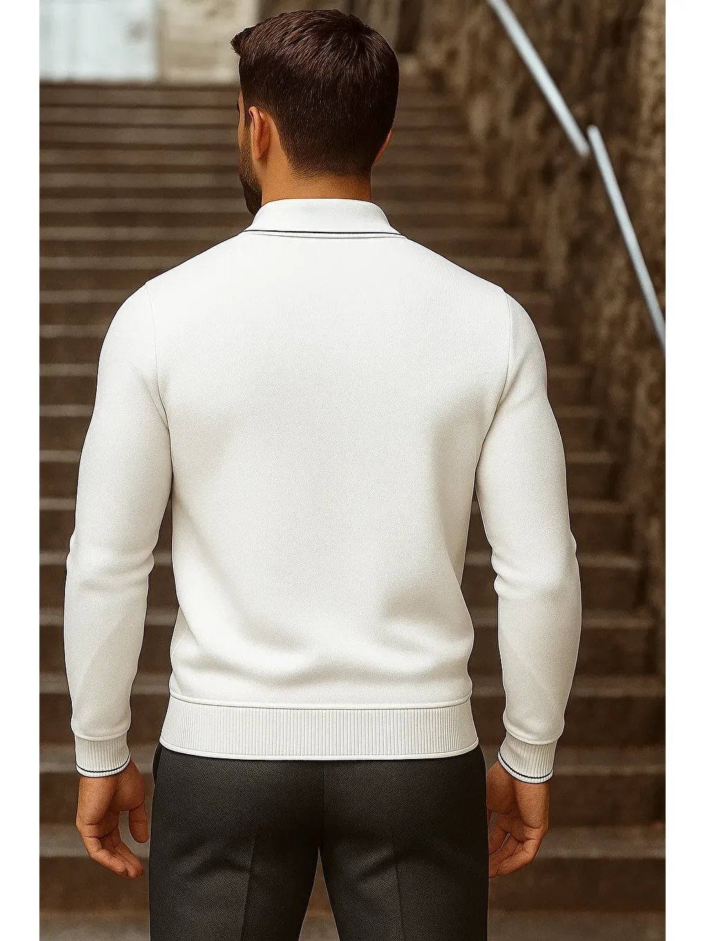 Erkek Trend Fermuarlı Uzun Kollu Beyaz Polo Yaka Kazak-4