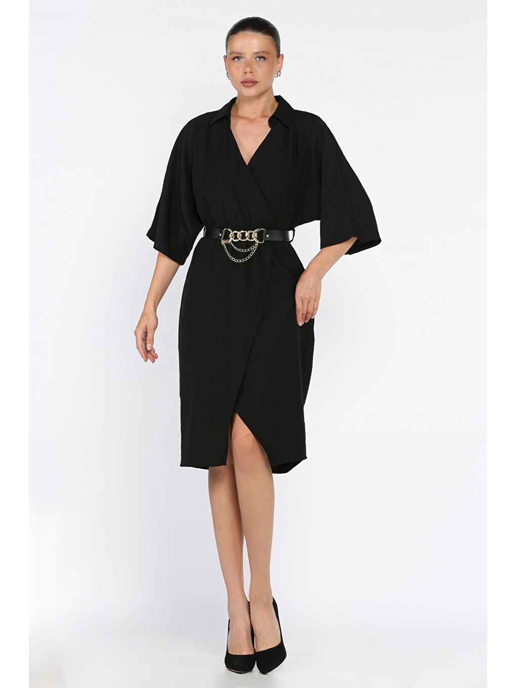 Siyah Kruvaze Yaka Kemerli Kadın Elbise