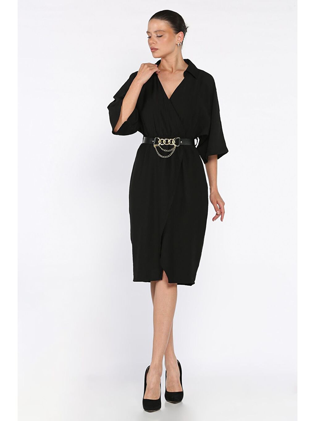 Siyah Kruvaze Yaka Kemerli Kadın Elbise-1