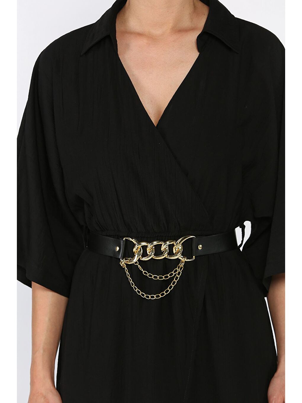 Siyah Kruvaze Yaka Kemerli Kadın Elbise-2