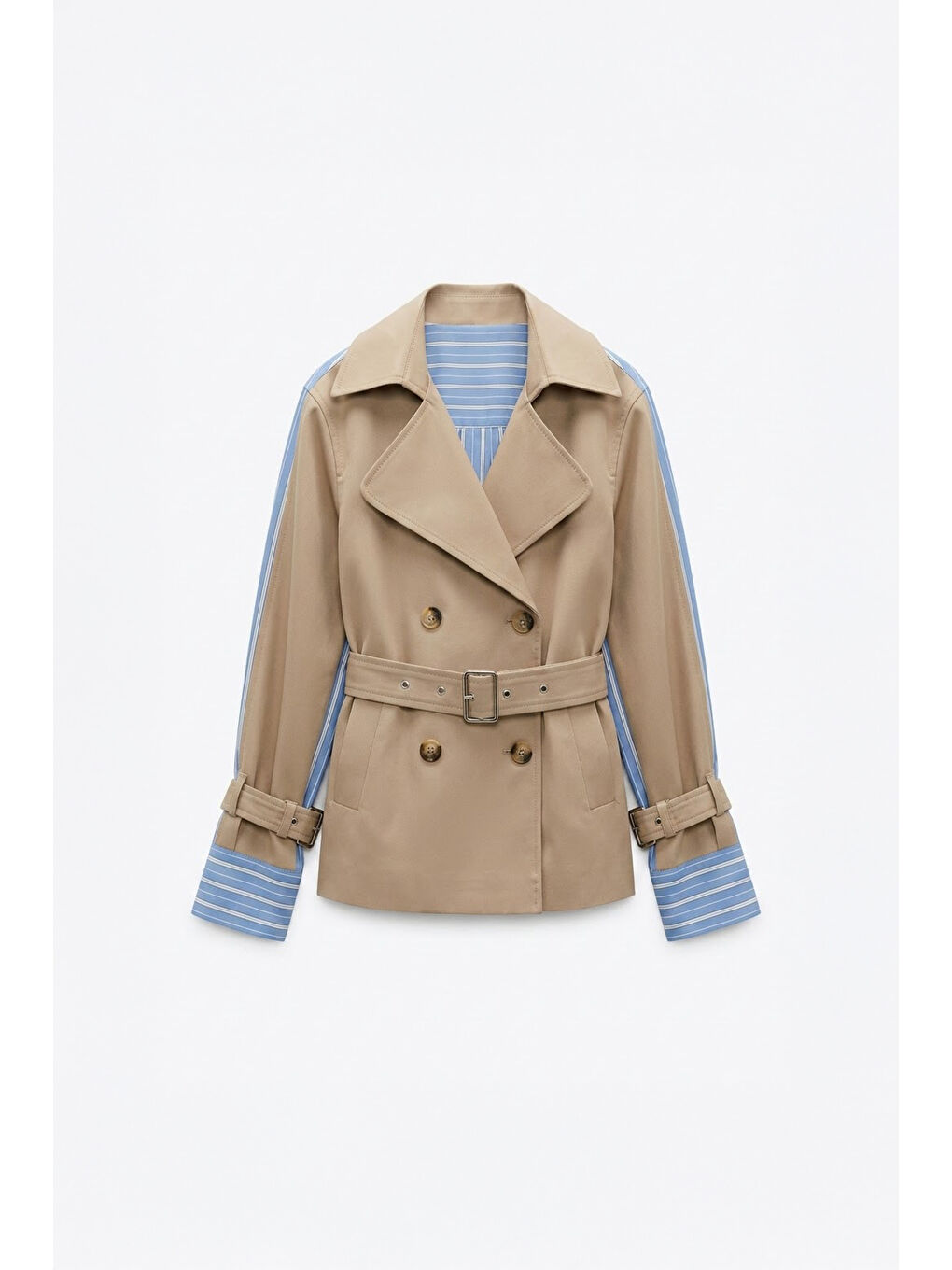 Çizgili Astarlı Kemerli Kısa Trençkot Bej