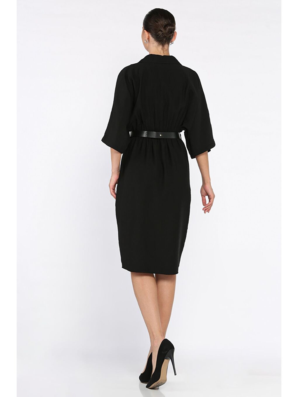Siyah Kruvaze Yaka Kemerli Kadın Elbise-3