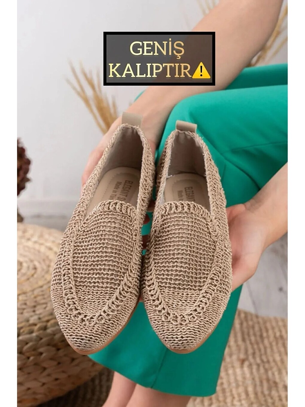 Bej Örme Dantelli Kadın Babet-1