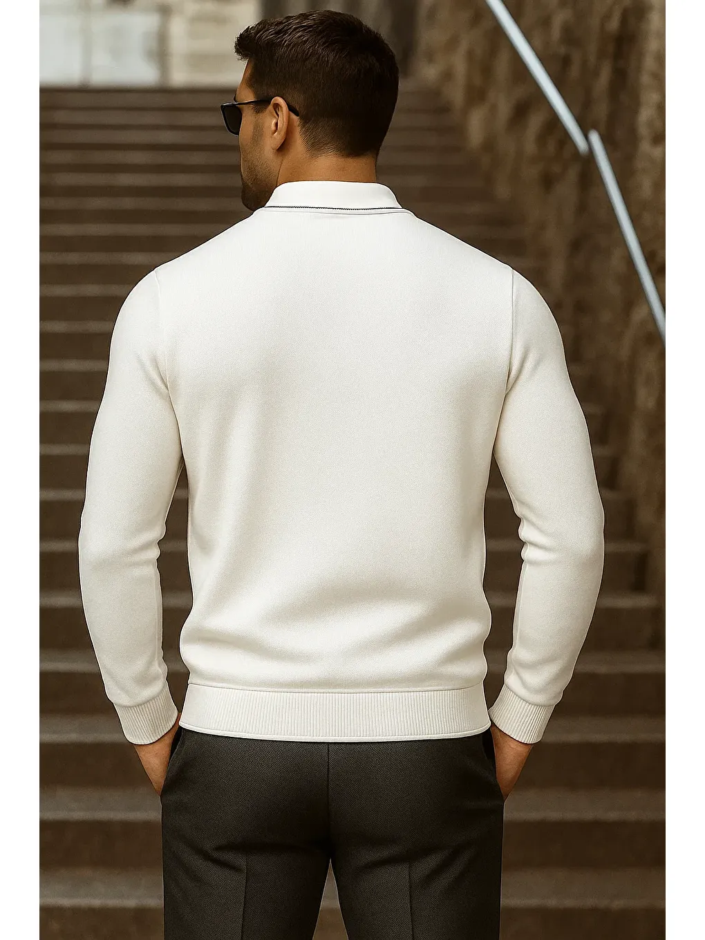 Erkek Trend Fermuarlı Uzun Kollu Beyaz Polo Yaka Kazak-5