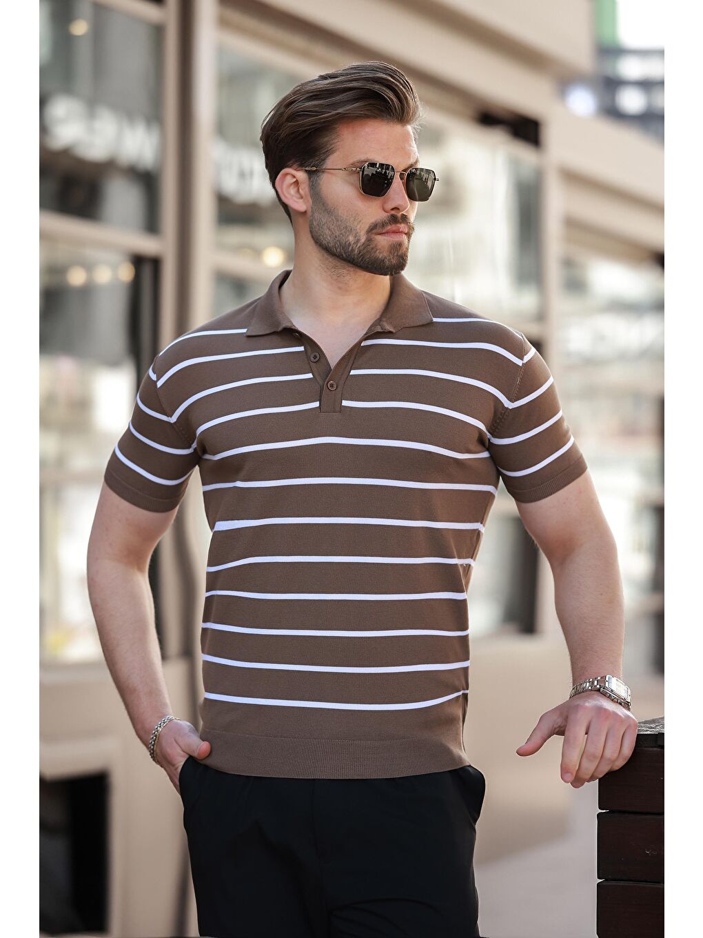 Bej Vizon Çizgili Polo Yaka Erkek T-Shirt E7405-2