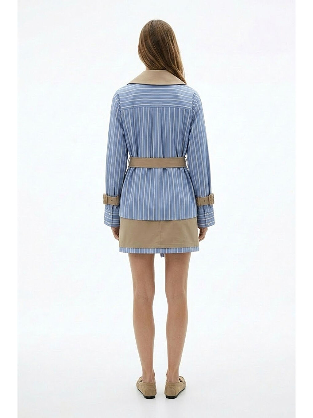 Çizgili Astarlı Kemerli Kısa Trençkot Bej-1