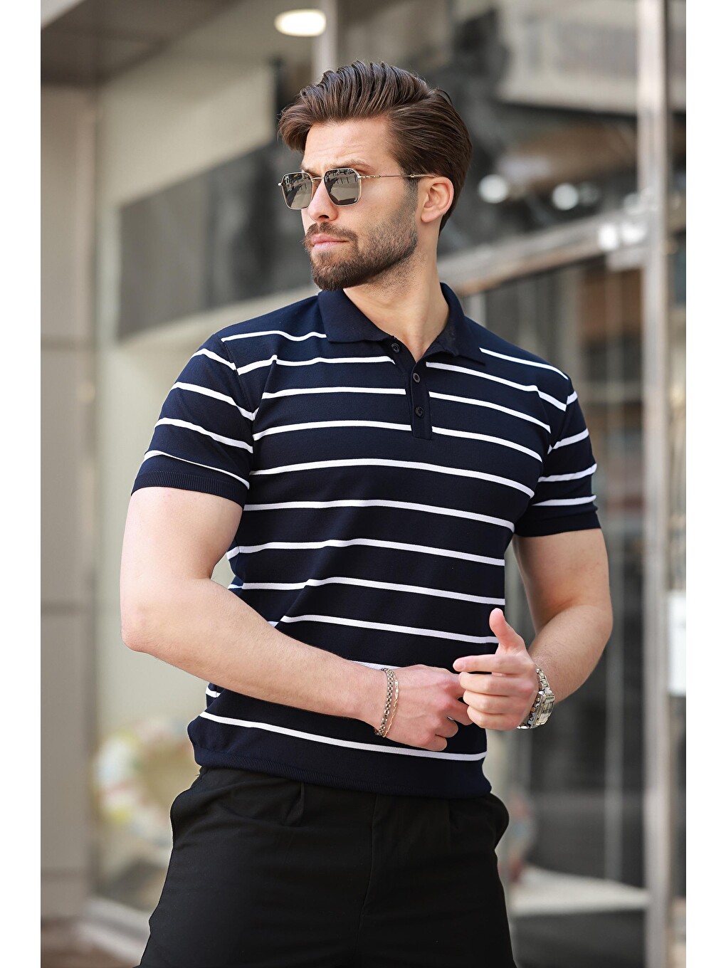 Lacivert Çizgili Polo Yaka Erkek Tişört E7405-2