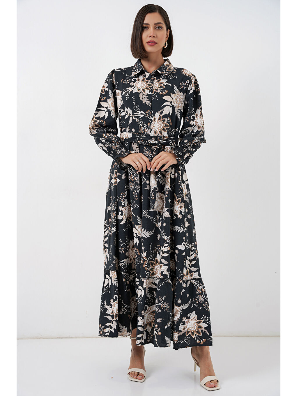 Kadın Kuşaklı Tesettür Elbise 2589 - Y.Siyah-2