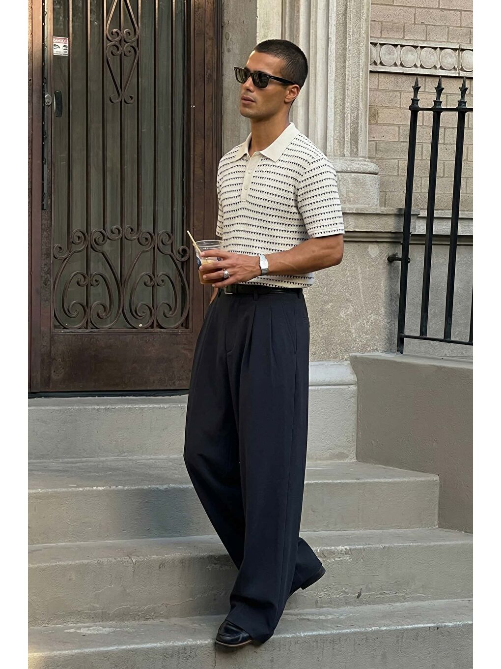 Erkek Relaxed Fit Ajurlu Örme Polo Yaka T-Shirt Ekru-2