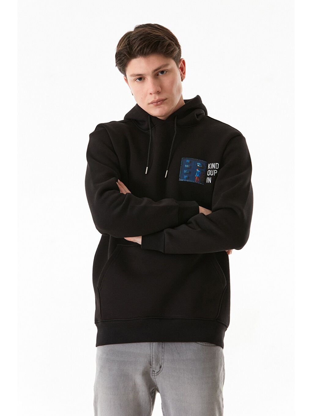 Fullamoda Siyah 3 İplik Kabartma Baskılı Kapüşonlu Sweatshirt - 2