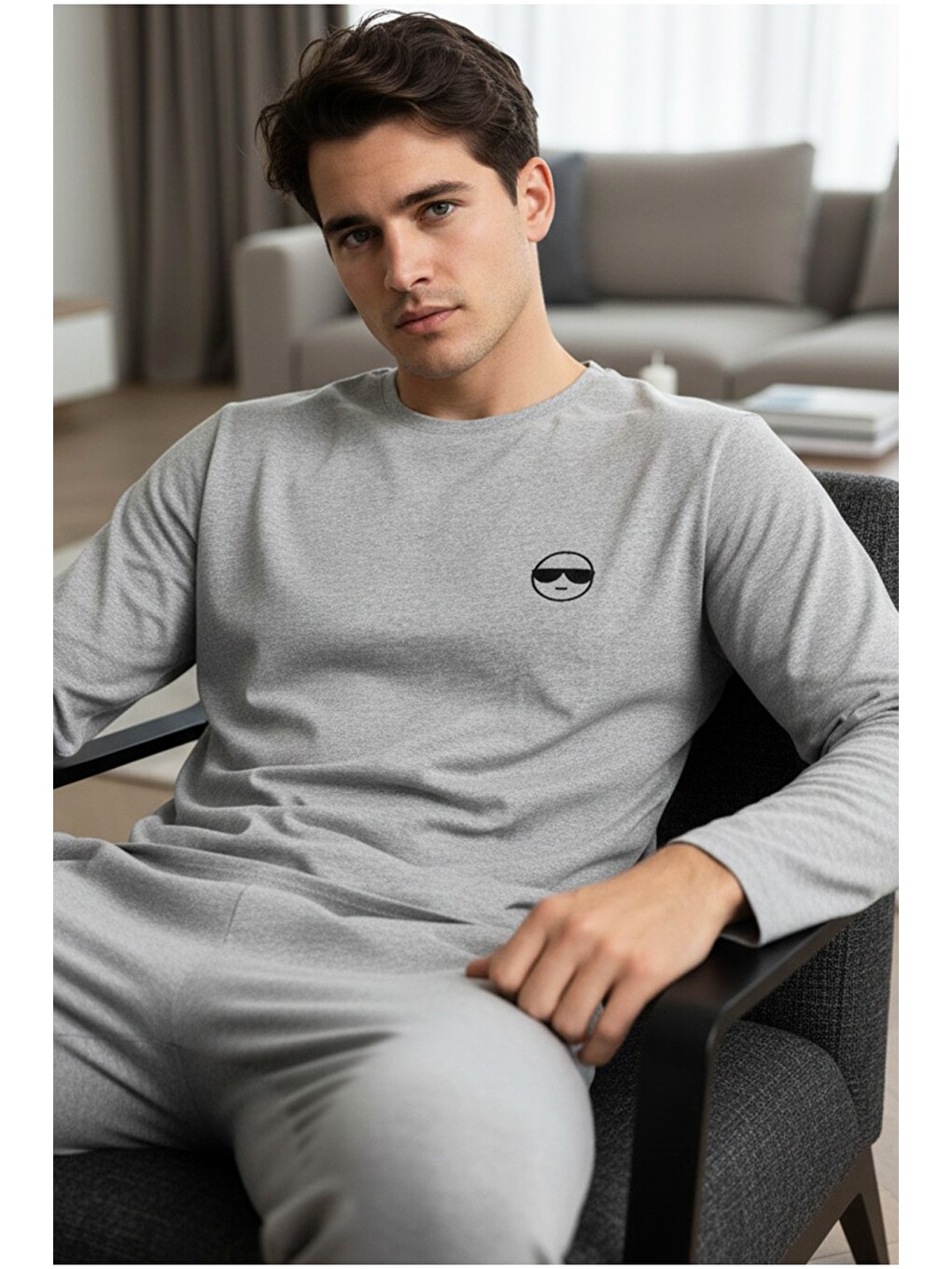 Gri Uzun Kollu Örme Erkek Pijama Takım 7795