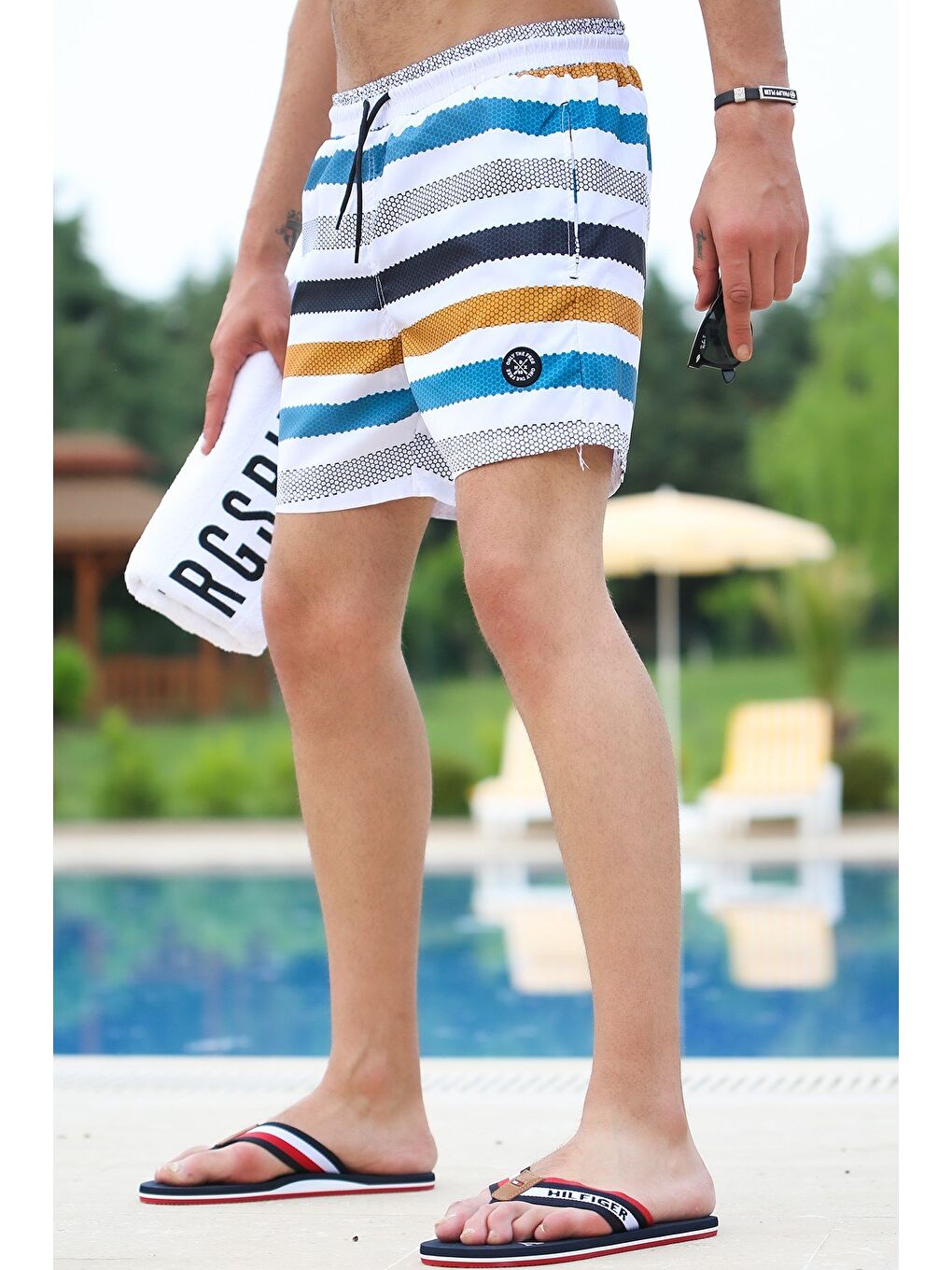 Sarı Çizgili Hardal Yüzme Şortu 2945-1