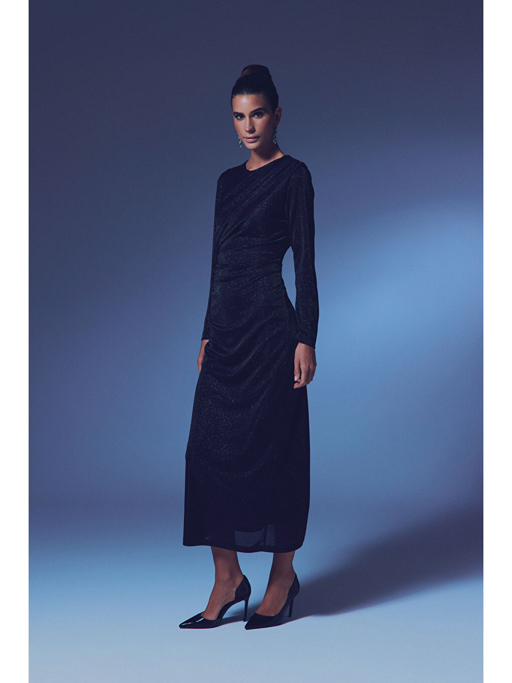 Simli Midi Elbise - Siyah-1