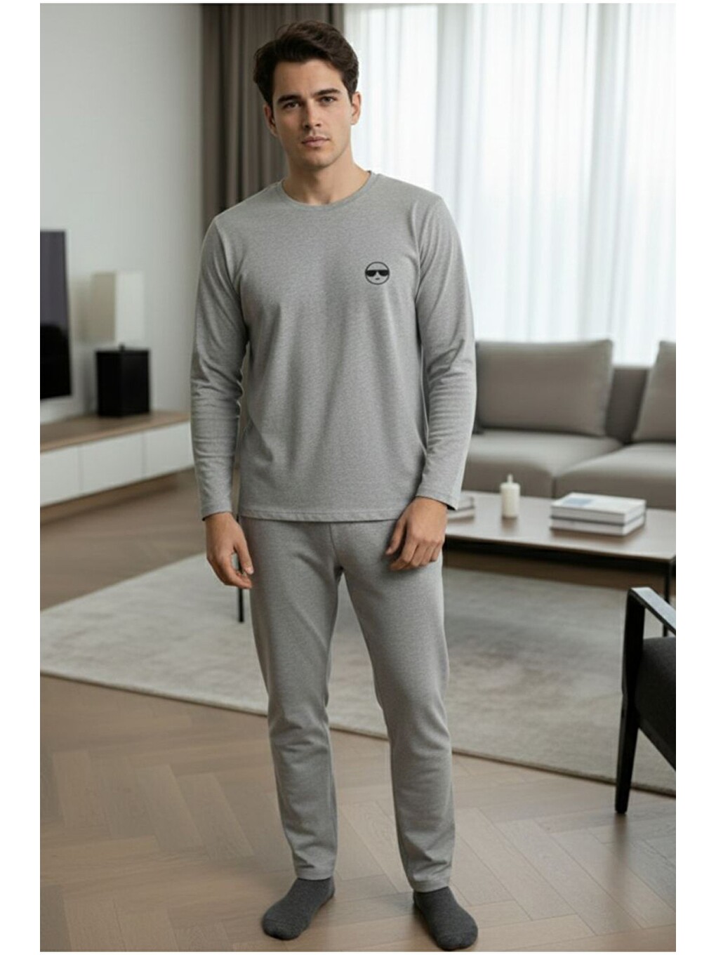Gri Uzun Kollu Örme Erkek Pijama Takım 7795-1