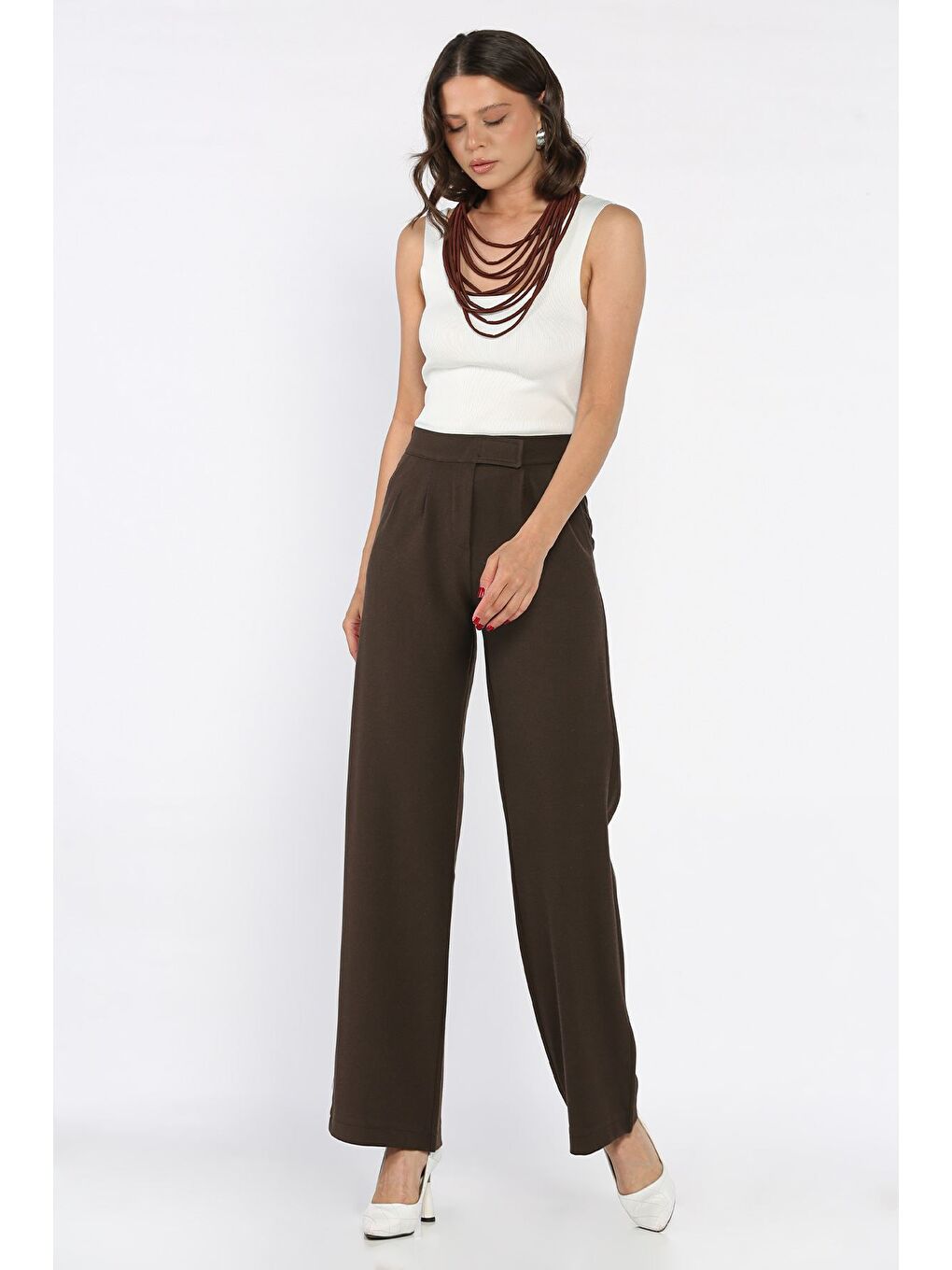 Kahverengi Kadın Bel Lastikli Cırtlı Palazzo Pantolon-1