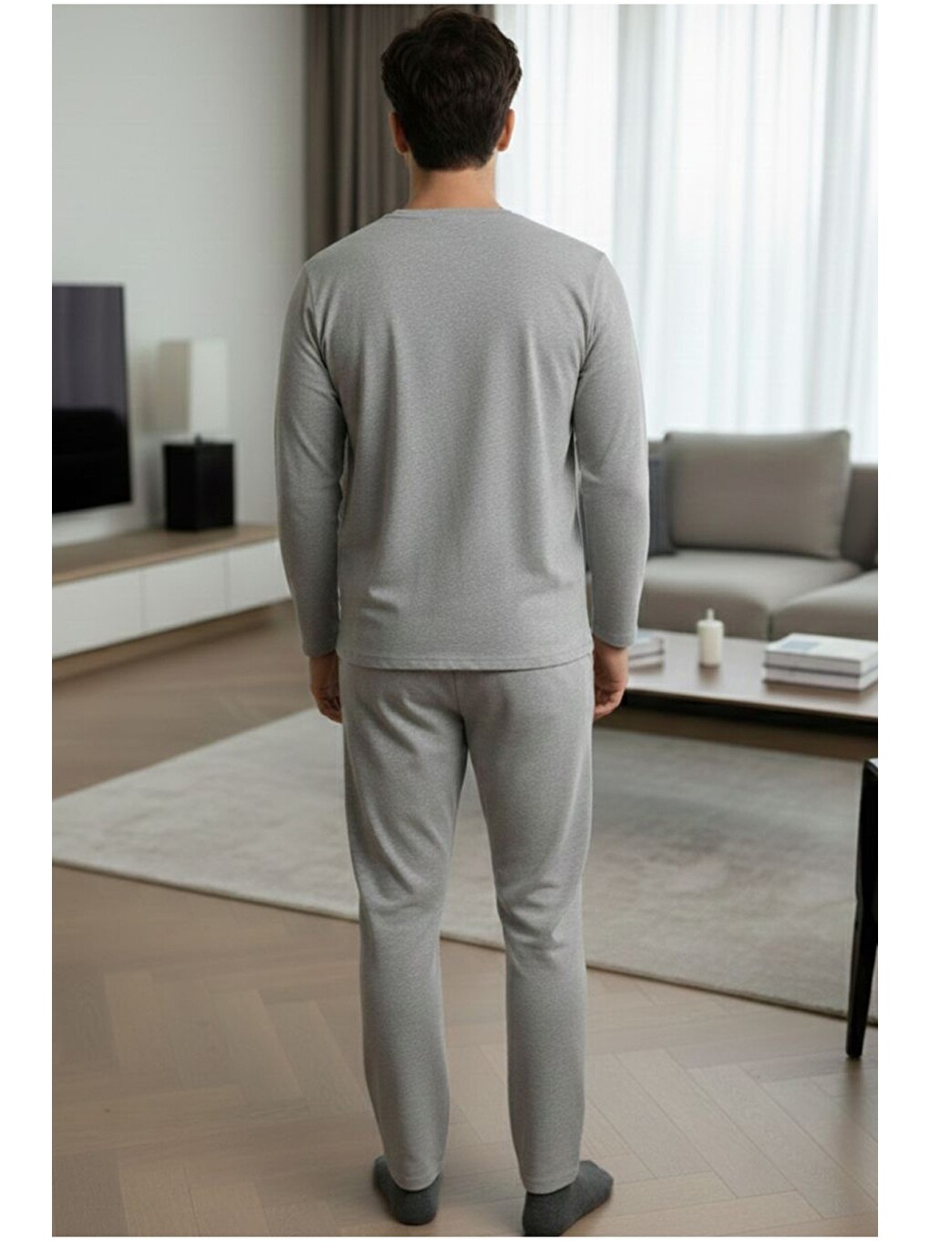 Gri Uzun Kollu Örme Erkek Pijama Takım 7795-2