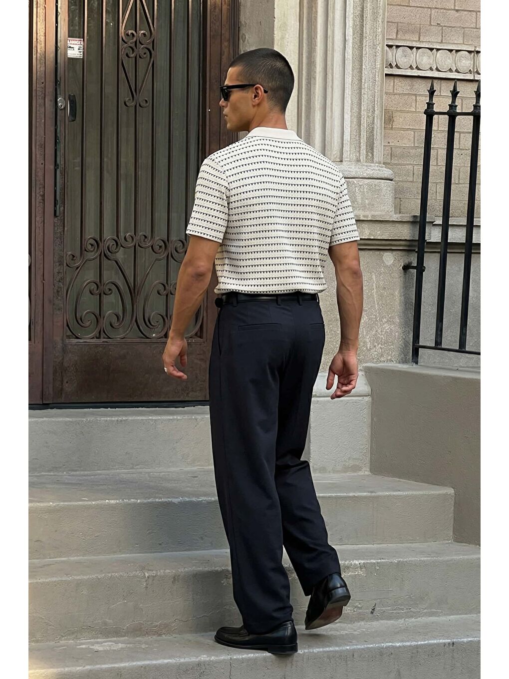 Erkek Relaxed Fit Ajurlu Örme Polo Yaka T-Shirt Ekru-3