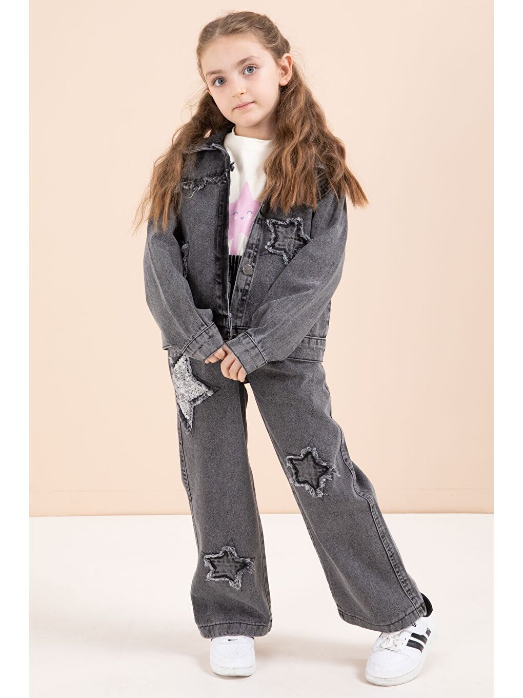 Siyah Yıldız Nakışlı Ceketli Kız Çocuk 3lü Jean Takım 23444