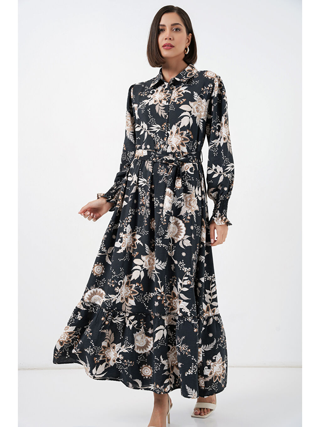 Kadın Kuşaklı Tesettür Elbise 2589 - Y.Siyah-3