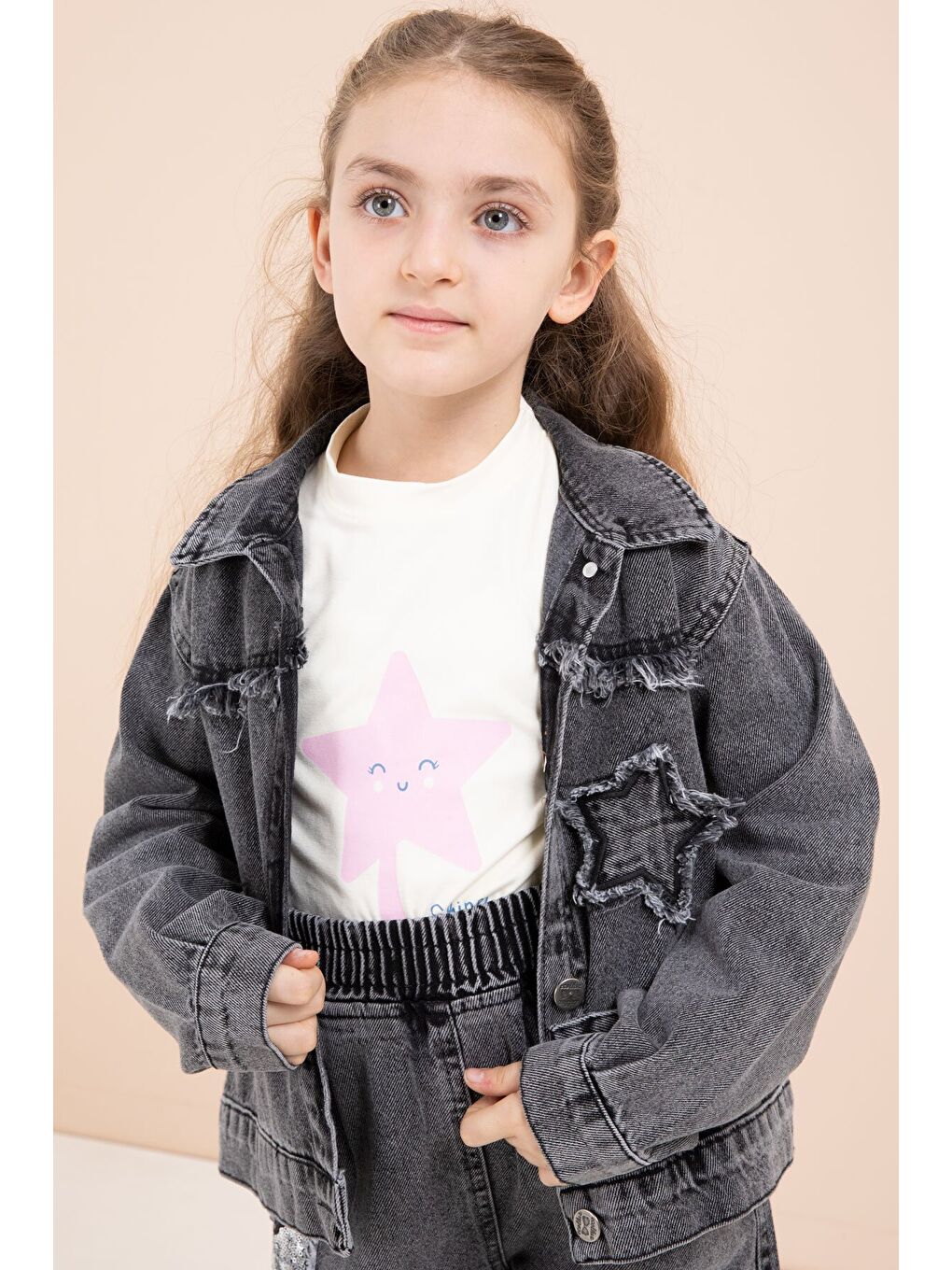 Siyah Yıldız Nakışlı Ceketli Kız Çocuk 3lü Jean Takım 23444-1