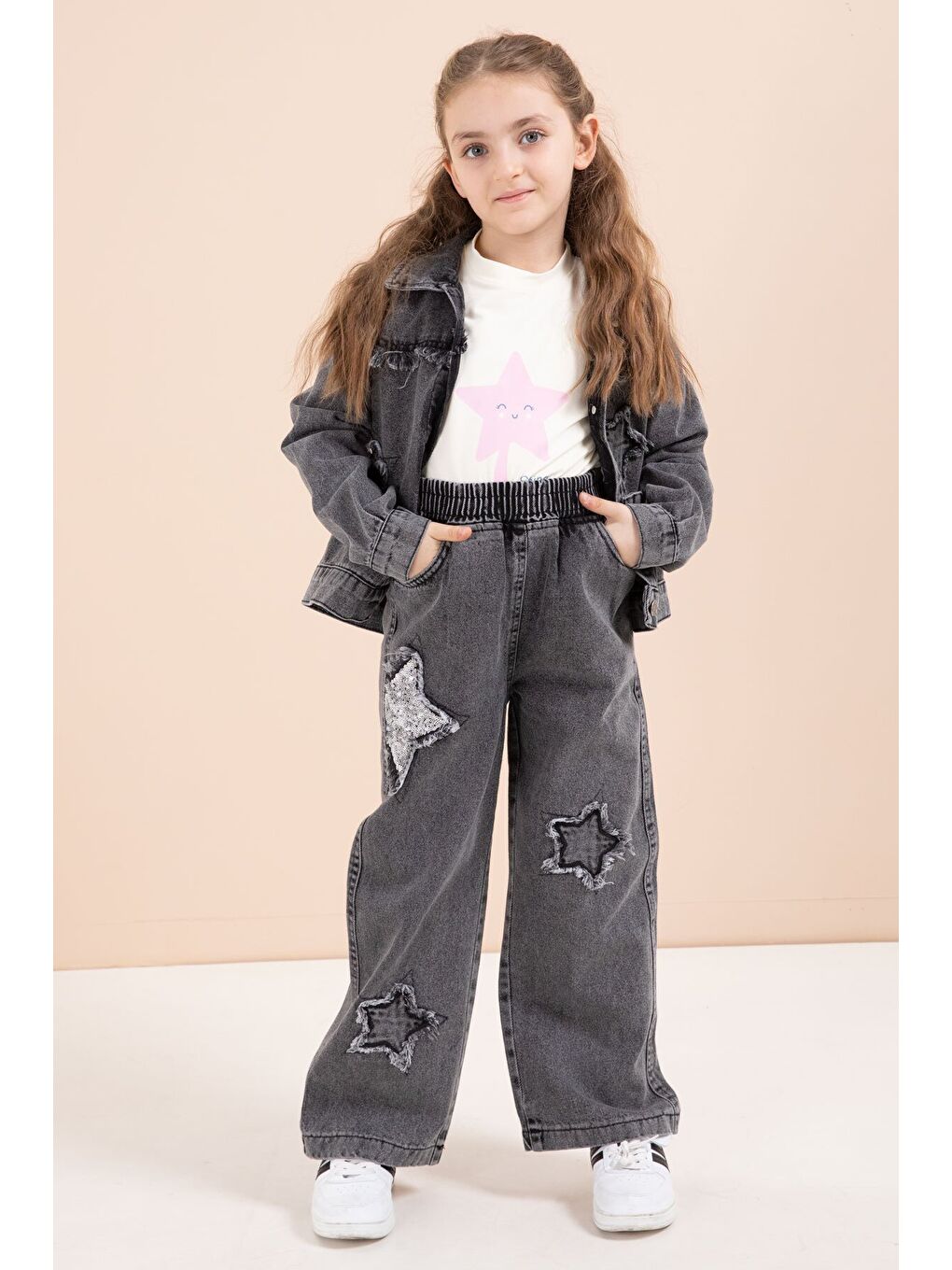 Siyah Yıldız Nakışlı Ceketli Kız Çocuk 3lü Jean Takım 23444-2