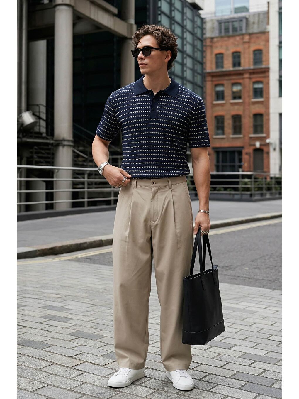 Erkek Relaxed Fit Ajurlu Örme Polo Yaka T-Shirt Lacivert-2