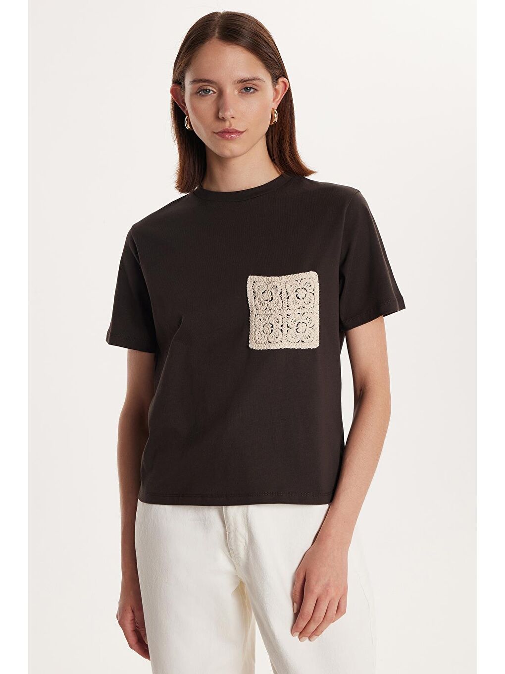 Kadın Relax Fit Rahat Kesim %100 Pamuk Baskılı Bisiklet Yaka Kahverengi Tişört-3