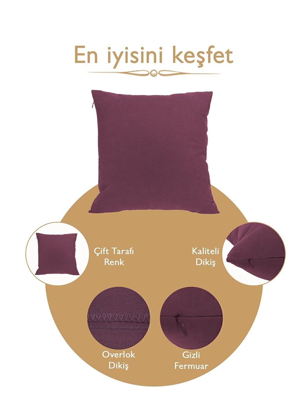 Panoroma Süet Dokulu Düz Punch (Panç) İçin Uygun Mürdüm 50X50 Dekoratif Kırlent Kılıfı-6