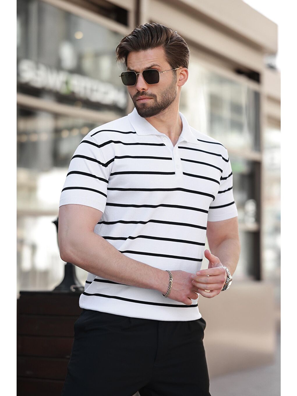 Beyaz Çizgili Polo Yaka Erkek T-Shirt E7405-1