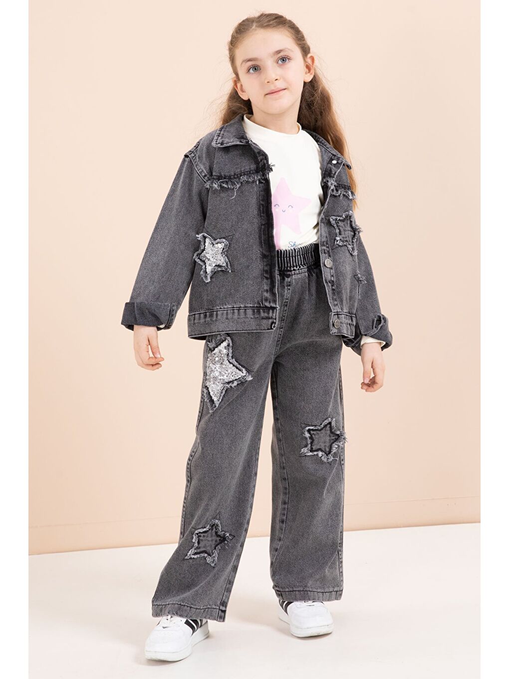 Siyah Yıldız Nakışlı Ceketli Kız Çocuk 3lü Jean Takım 23444-3