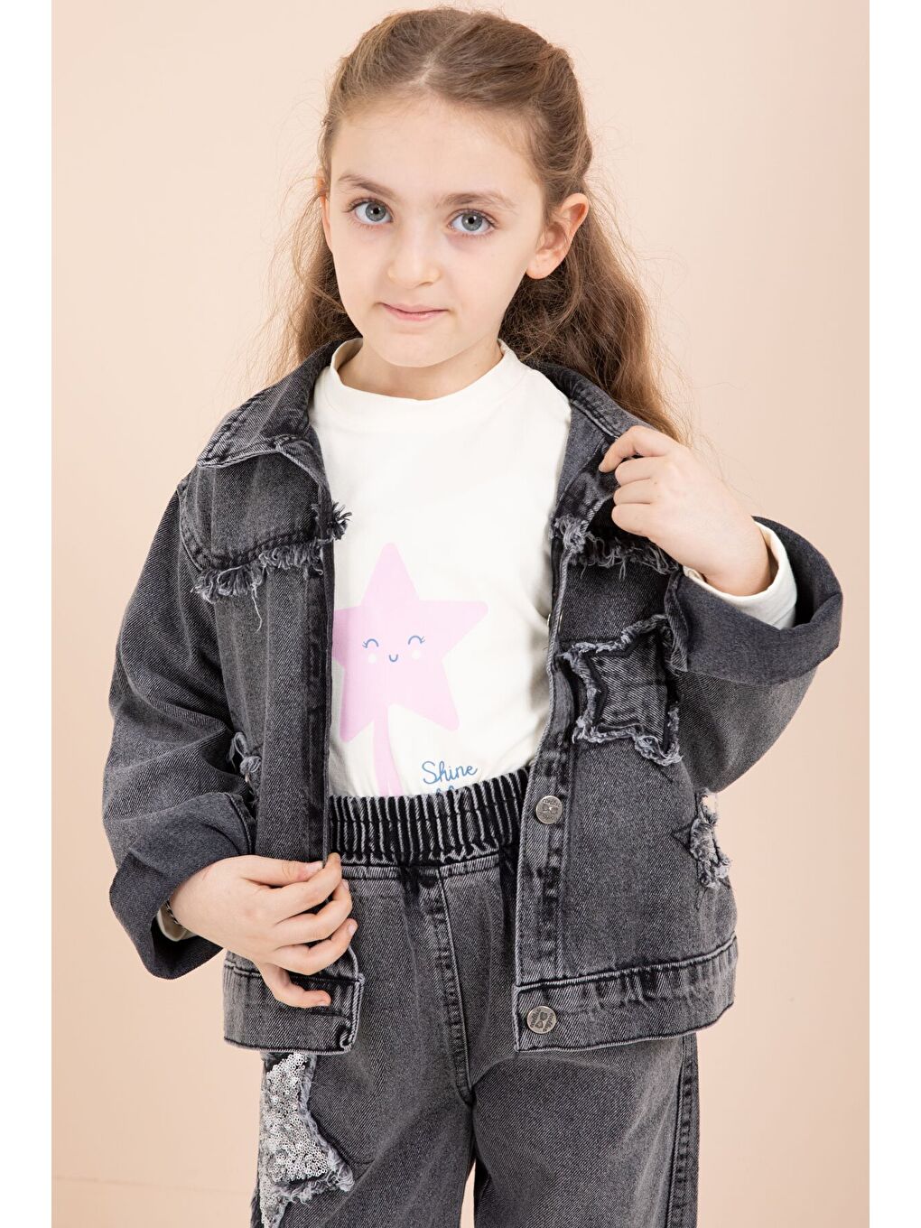 Siyah Yıldız Nakışlı Ceketli Kız Çocuk 3lü Jean Takım 23444-4